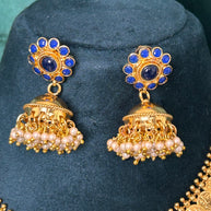 BAIRAVI KAASU MALA  | Temple Jewellery | Blue stones and intricate pearl embellished pendant design | short necklace set with Jhumki earrings