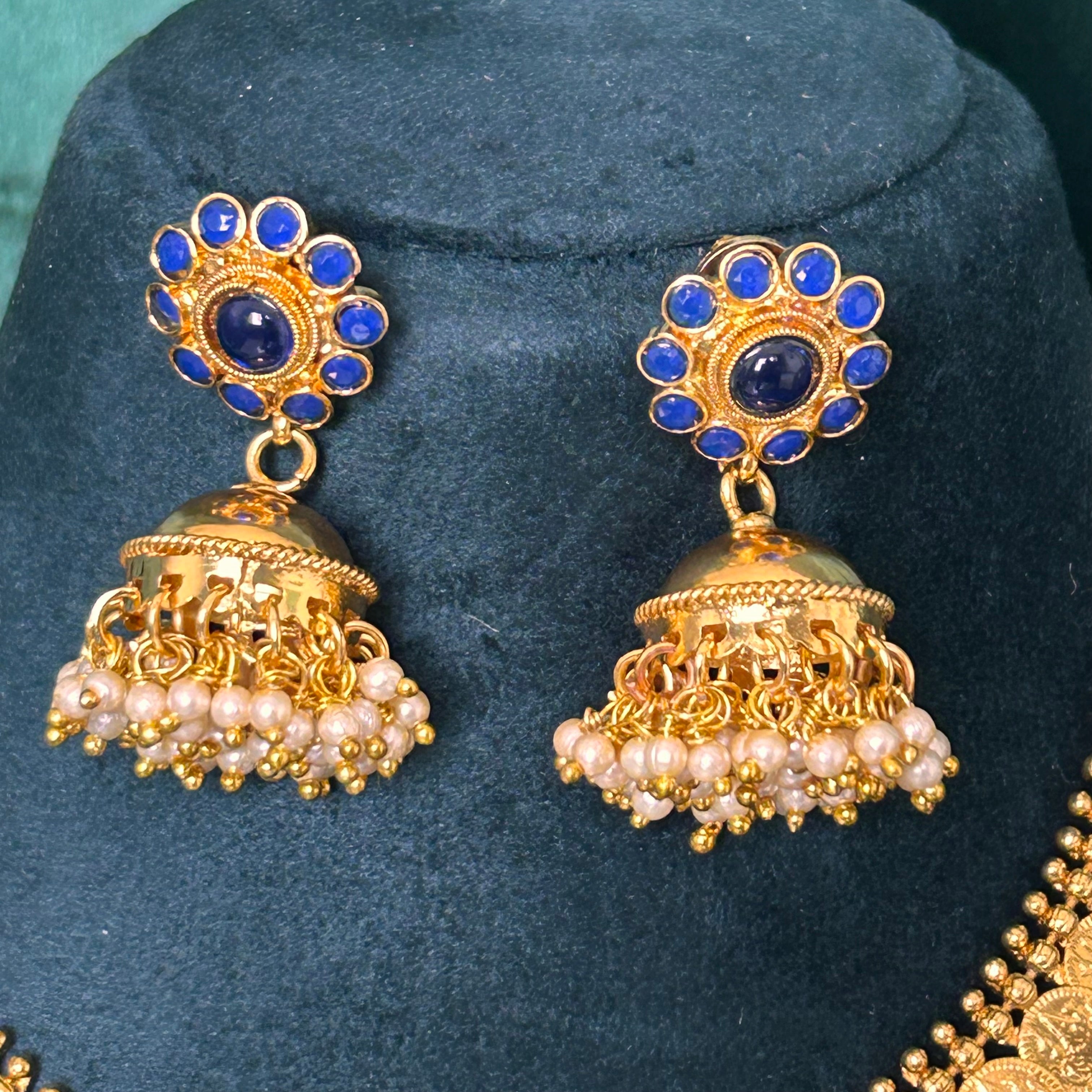 BAIRAVI KAASU MALA  | Temple Jewellery | Blue stones and intricate pearl embellished pendant design | short necklace set with Jhumki earrings