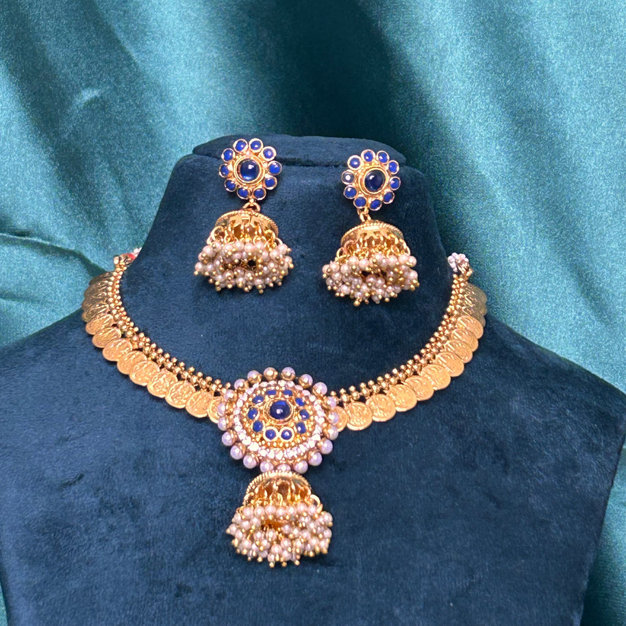 BAIRAVI KAASU MALA  | Temple Jewellery | Blue stones and intricate pearl embellished pendant design | short necklace set with Jhumki earrings