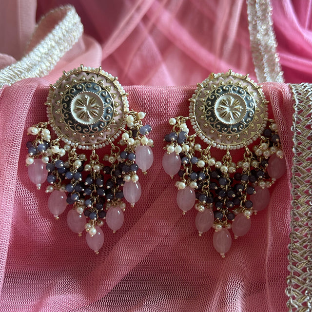 AALIA Bollywood-Inspired Indo-Western Kundan Earrings – Pink & Grey | DREAM CATCHER Style