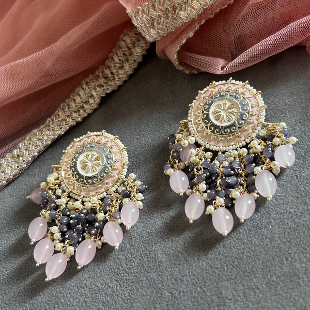AALIA Bollywood-Inspired Indo-Western Kundan Earrings – Pink & Grey | DREAM CATCHER Style