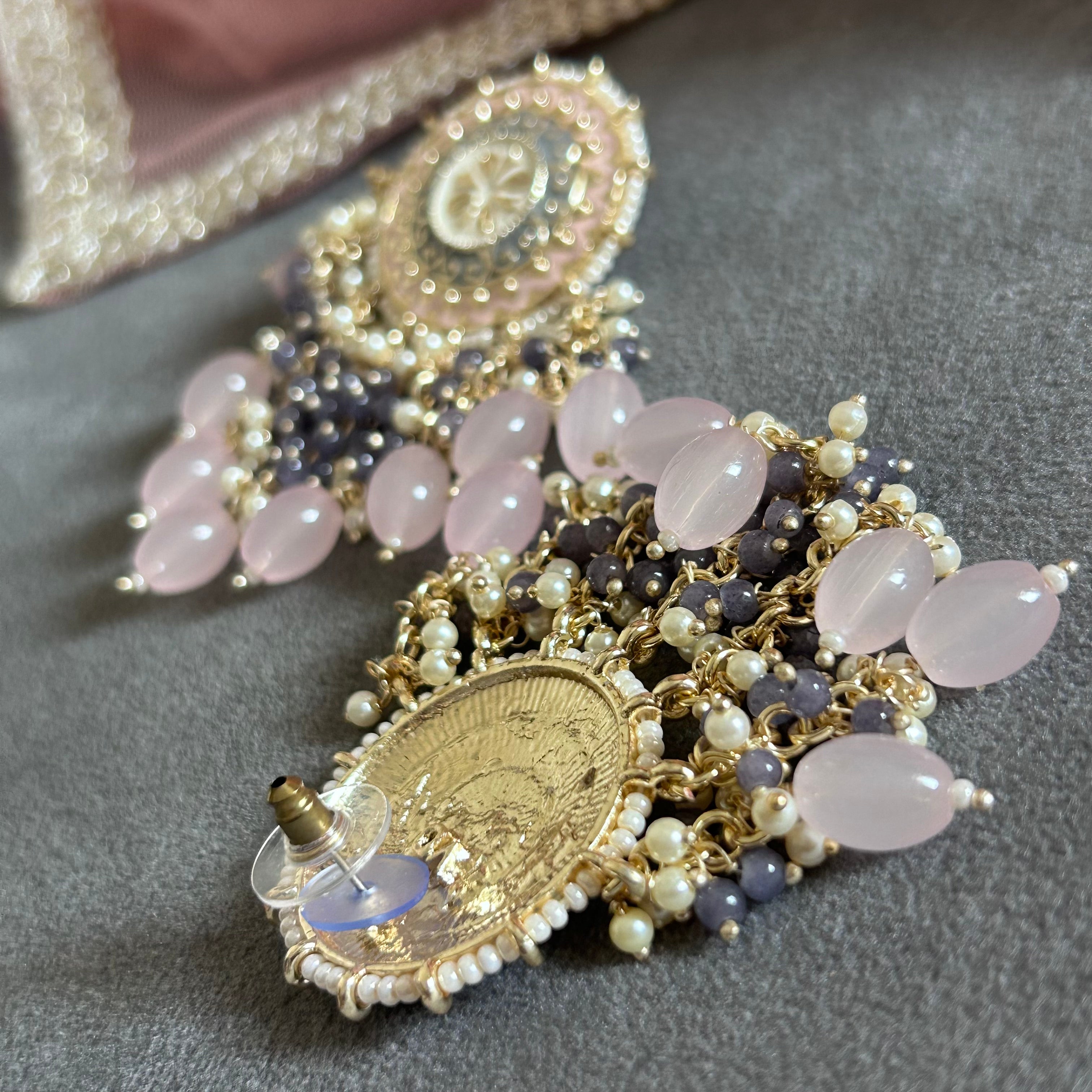 AALIA Bollywood-Inspired Indo-Western Kundan Earrings – Pink & Grey | DREAM CATCHER Style
