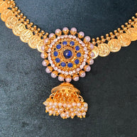 BAIRAVI KAASU MALA  | Temple Jewellery | Blue stones and intricate pearl embellished pendant design | short necklace set with Jhumki earrings