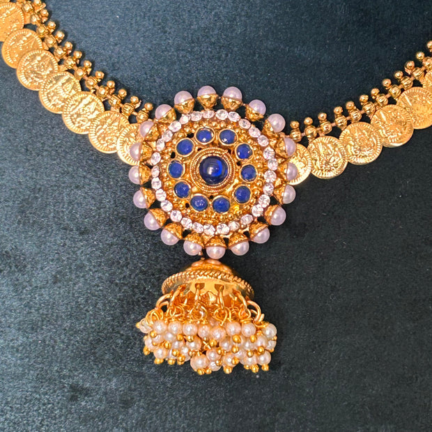 BAIRAVI KAASU MALA  | Temple Jewellery | Blue stones and intricate pearl embellished pendant design | short necklace set with Jhumki earrings