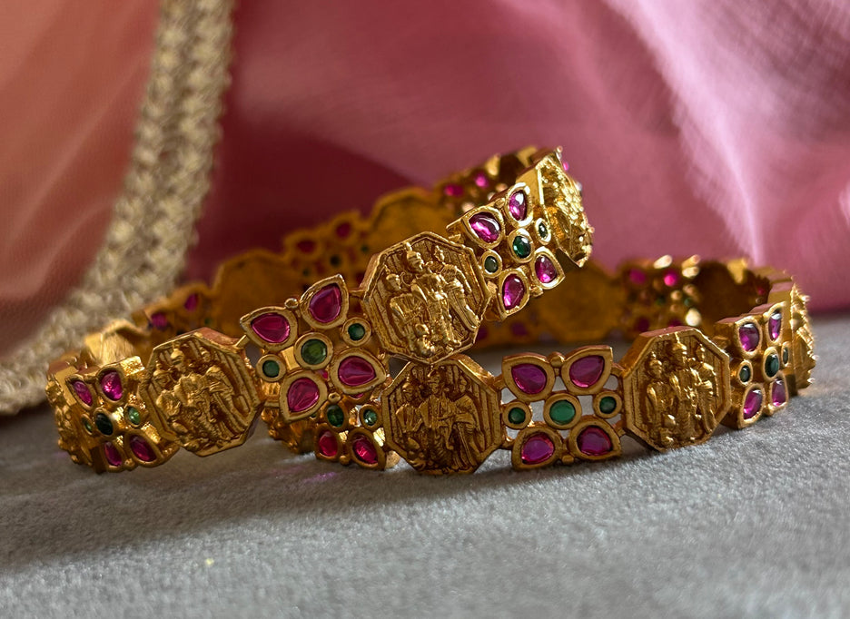 SITA Temple JEWELLERY Gold-Plated Bangle with Ram-Sita Motif – Red & Green Stone Design