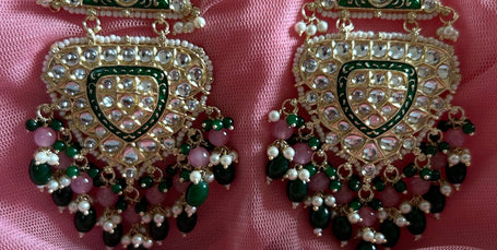 RASHMIKA Bollywood-Inspired Indo-Western Kundan Earrings – Pink & Green meenakari coating | DANGLER Style