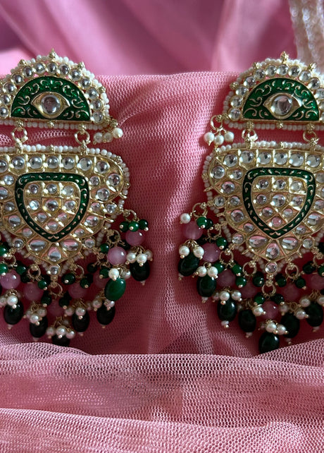 RASHMIKA Bollywood-Inspired Indo-Western Kundan Earrings – Pink & Green meenakari coating | DANGLER Style