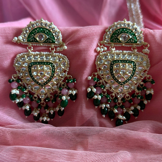 RASHMIKA Bollywood-Inspired Indo-Western Kundan Earrings – Pink & Green meenakari coating | DANGLER Style