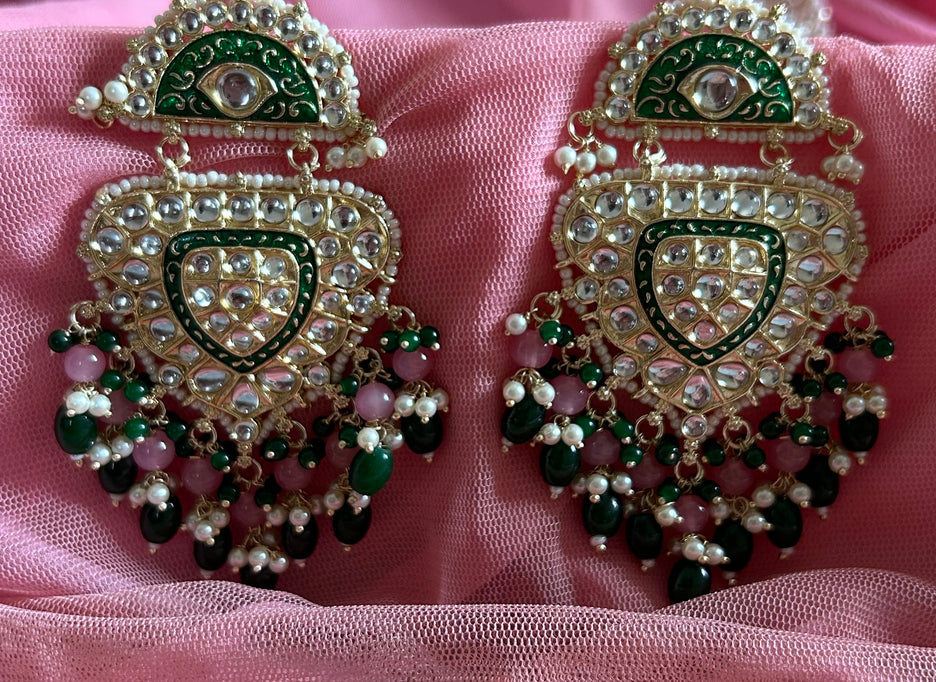 RASHMIKA Bollywood-Inspired Indo-Western Kundan Earrings – Pink & Green meenakari coating | DANGLER Style