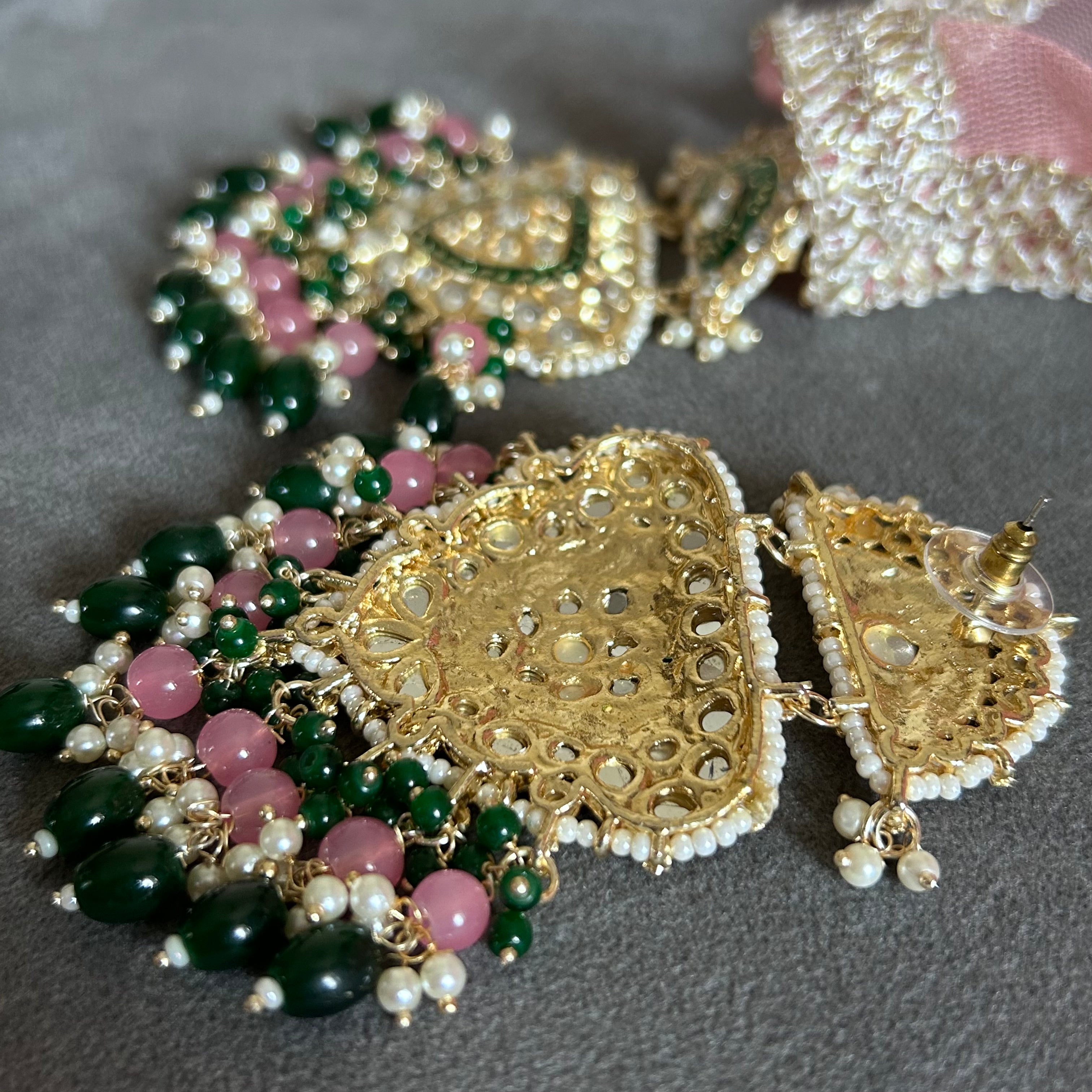 RASHMIKA Bollywood-Inspired Indo-Western Kundan Earrings – Pink & Green meenakari coating | DANGLER Style