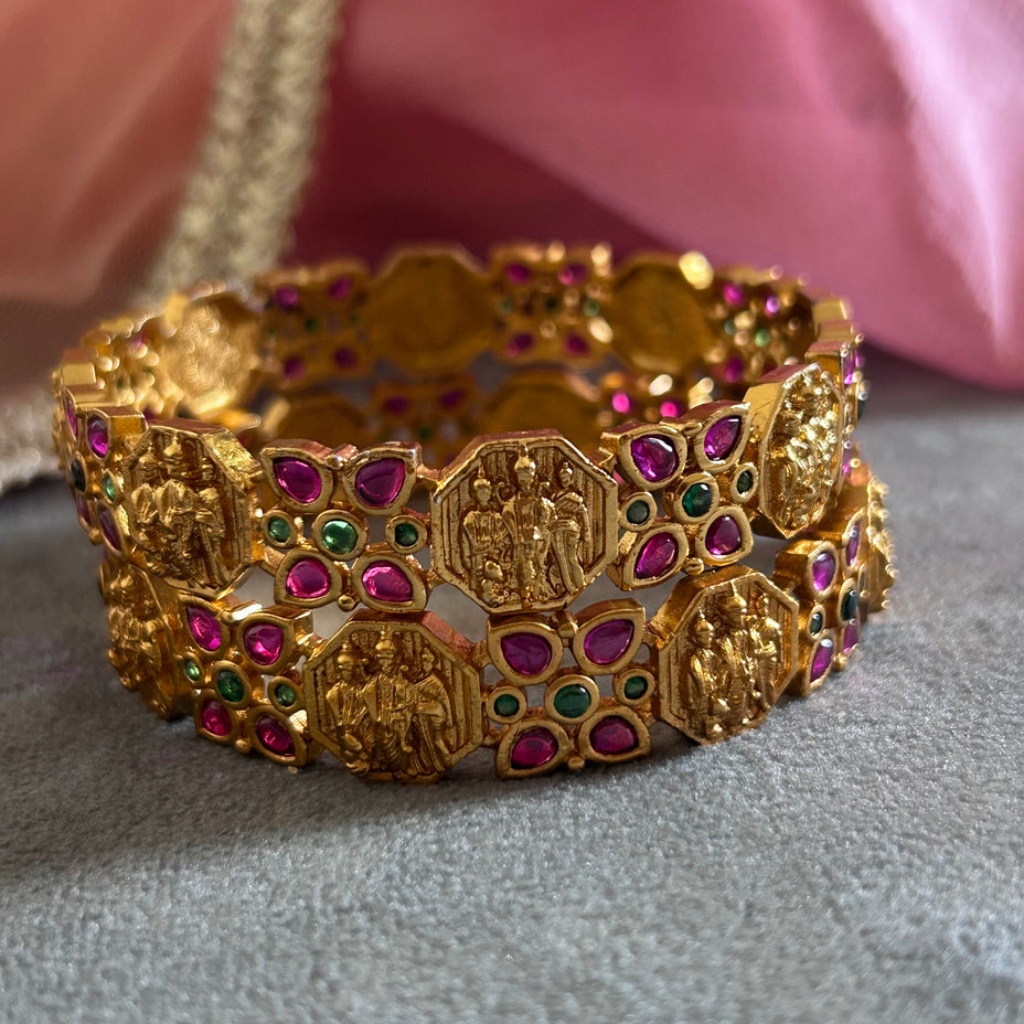 SITA Temple JEWELLERY Gold-Plated Bangle with Ram-Sita Motif – Red & Green Stone Design