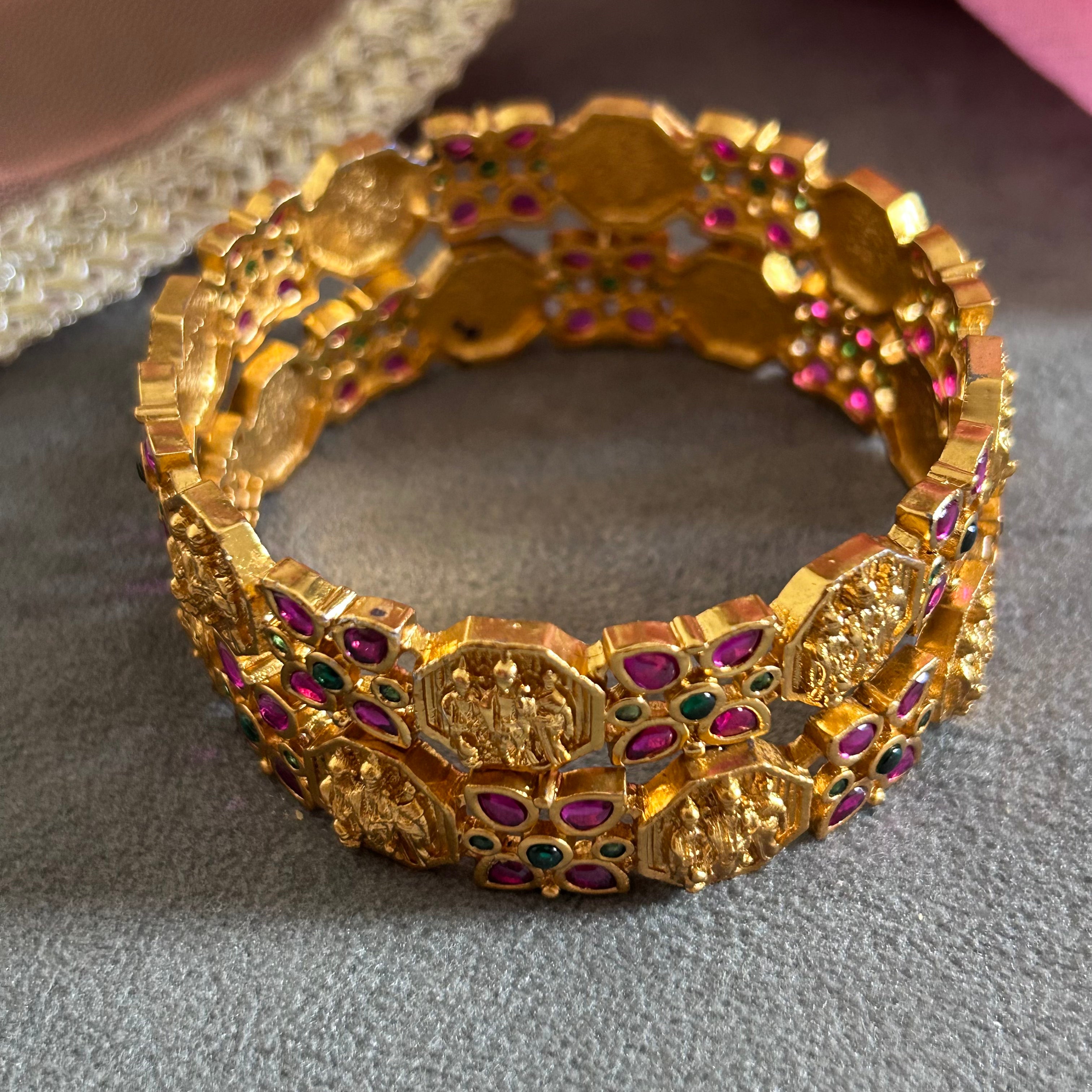 SITA Temple JEWELLERY Gold-Plated Bangle with Ram-Sita Motif – Red & Green Stone Design