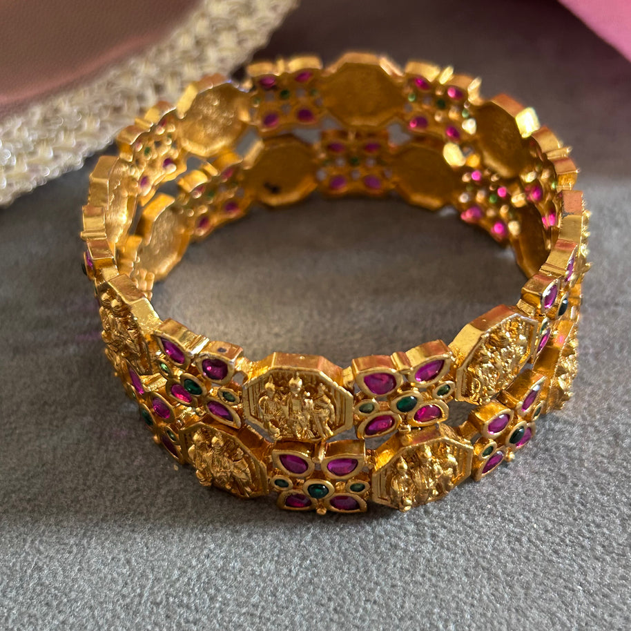 SITA Temple JEWELLERY Gold-Plated Bangle with Ram-Sita Motif – Red & Green Stone Design