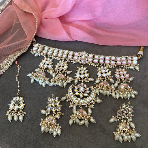 TRISHA Royal Kundan Choker Set with Matching Earrings – Gold Finish | MAANG TIKKA INCLUDED | PEARLS EMBELLISHED | BOLLYWOOD STYLE