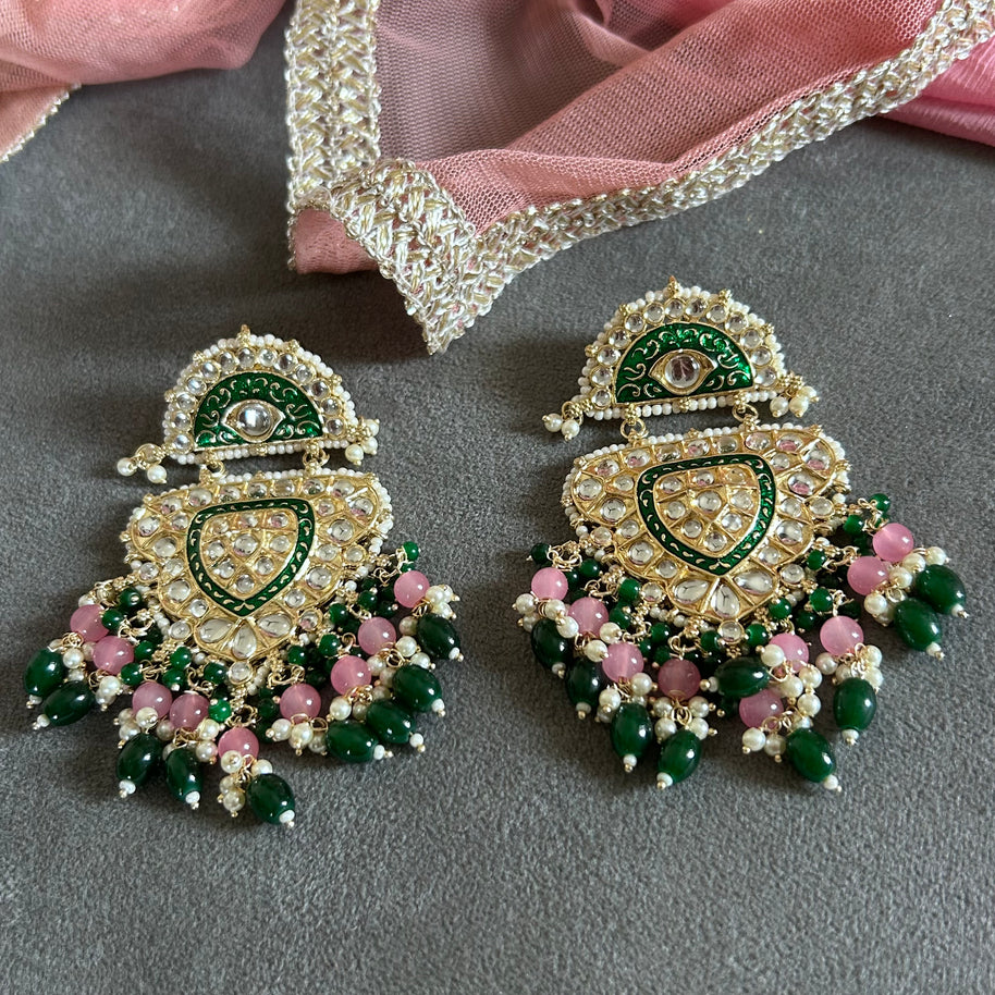 RASHMIKA Bollywood-Inspired Indo-Western Kundan Earrings – Pink & Green meenakari coating | DANGLER Style
