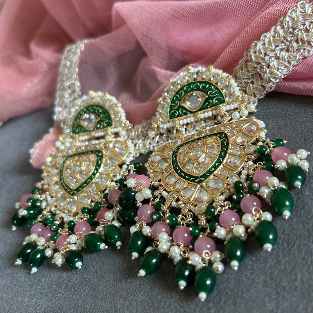 RASHMIKA Bollywood-Inspired Indo-Western Kundan Earrings – Pink & Green meenakari coating | DANGLER Style