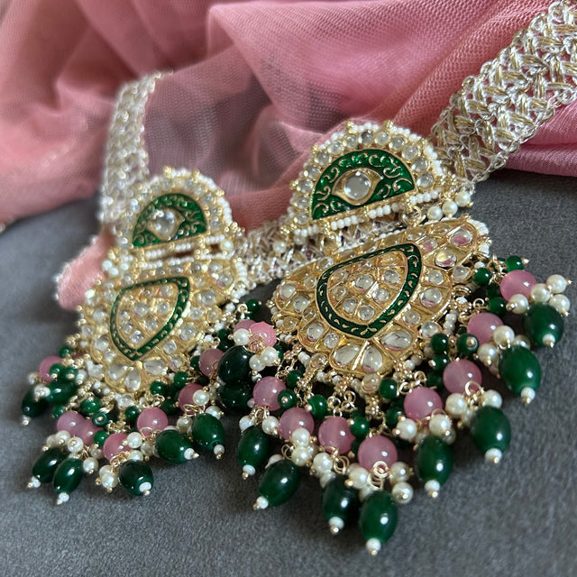 RASHMIKA Bollywood-Inspired Indo-Western Kundan Earrings – Pink & Green meenakari coating | DANGLER Style